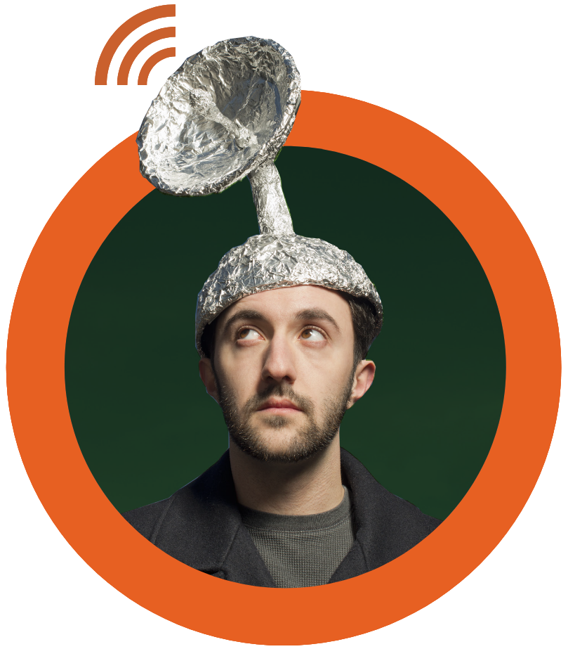 Man with a tin foil hat in the shape of a satellite dish