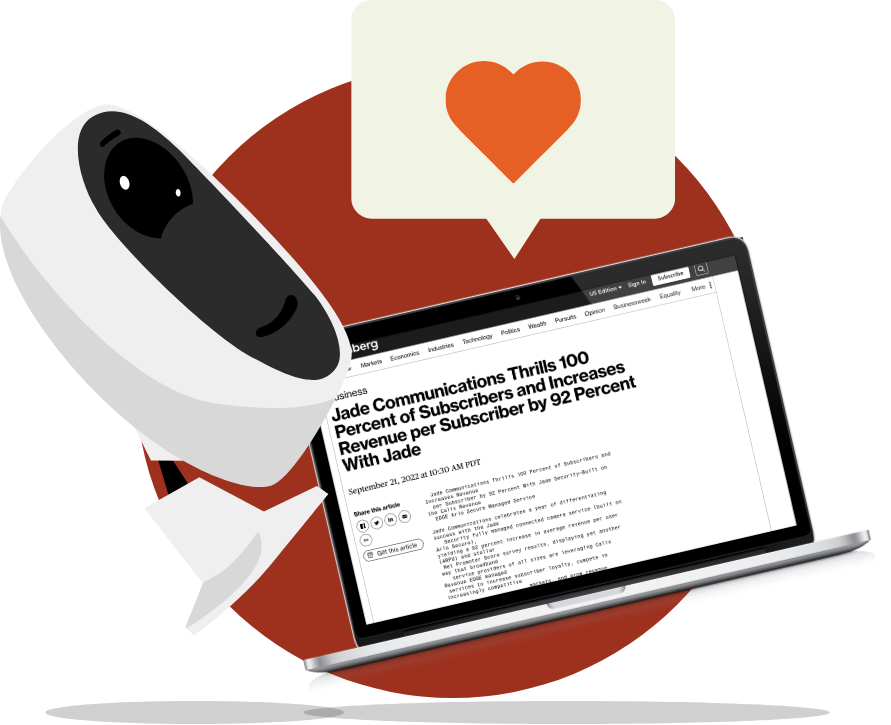 A speech bubble with a heart in it, an Arlo security camera, and a laptop screen showing the Bloomberg website.