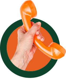 A hand holding an orange telephone\.