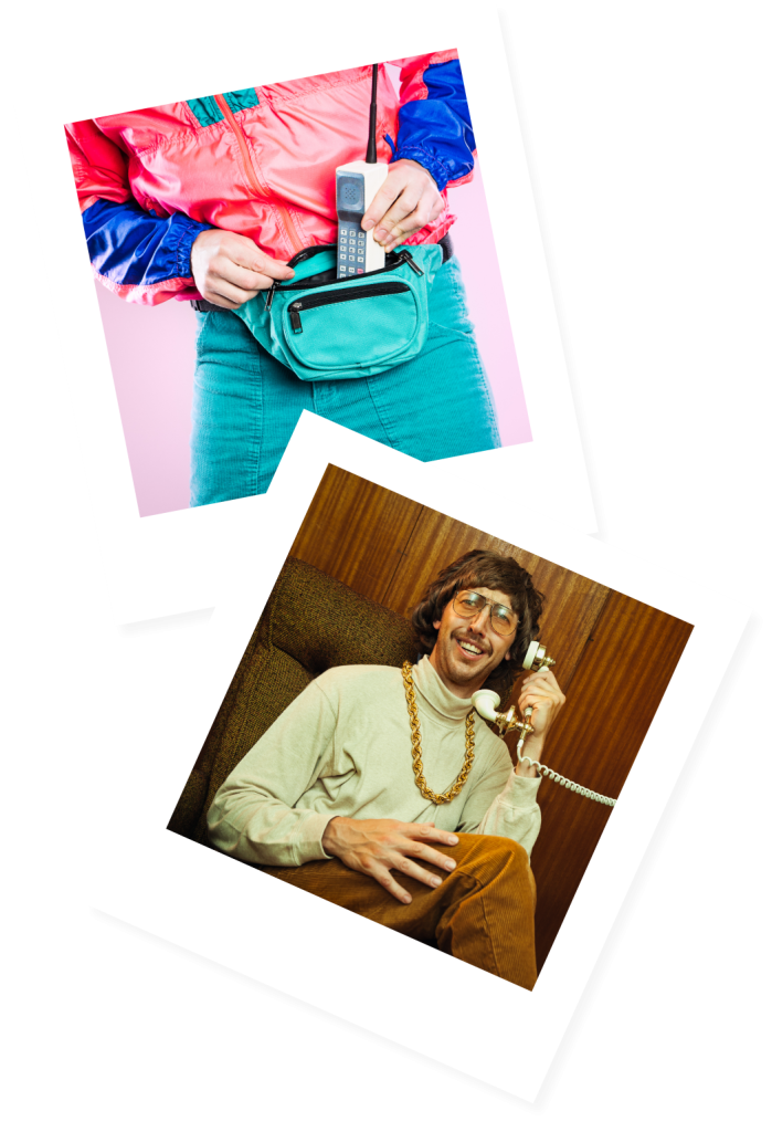 Two photographs of people using telephones in the past\.