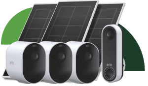 Several Arlo security cameras and solar panels.