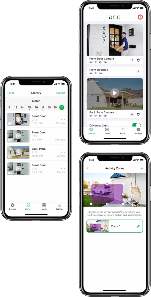 Three iPhone screens showing different parts of the home security dashboard.